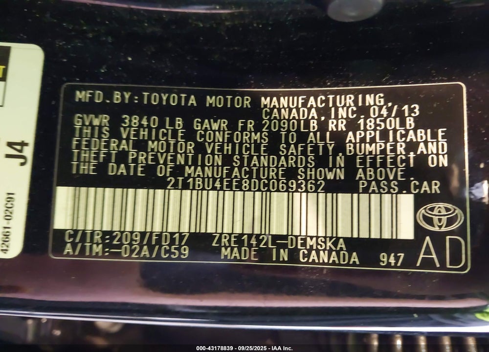 2013 TOYOTA COROLLA S VIN: 2T1BU4EE8DC069362