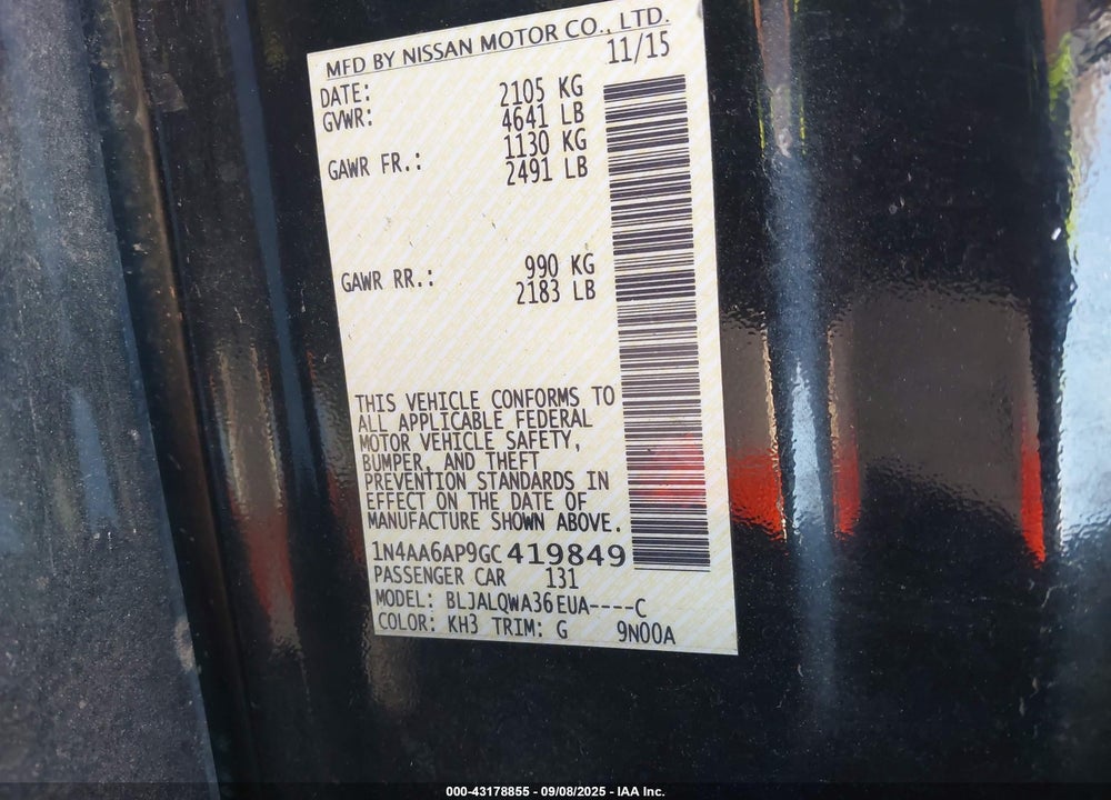 2016 NISSAN MAXIMA VIN: 1N4AA6AP9GC419849