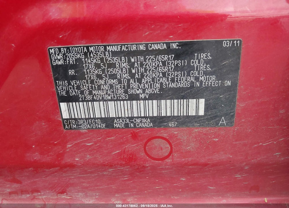 2011 TOYOTA RAV4 VIN: 2T3BF4DV1BW131263