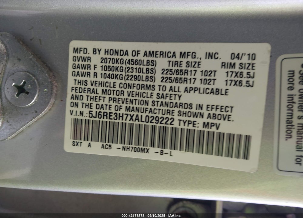 2010 HONDA CR-V VIN: 5J6RE3H7XAL029222