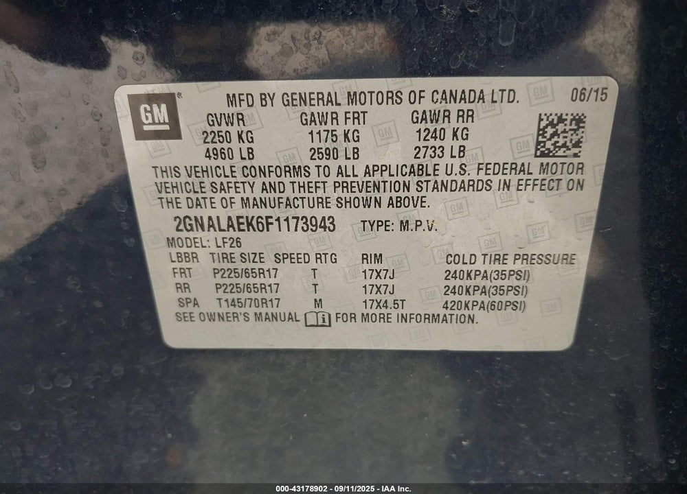 2015 CHEVROLET EQUINOX LS VIN: 2GNALAEK6F1173943