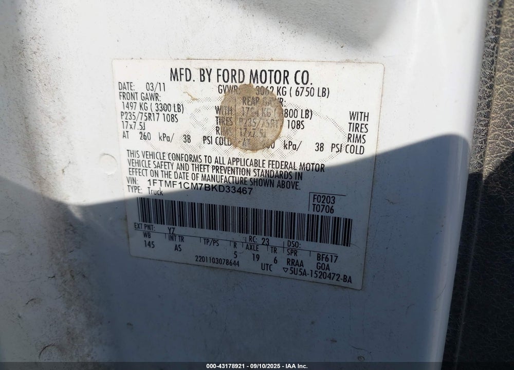 2011 FORD F-150 VIN: 1FTMF1CM7BKD33467