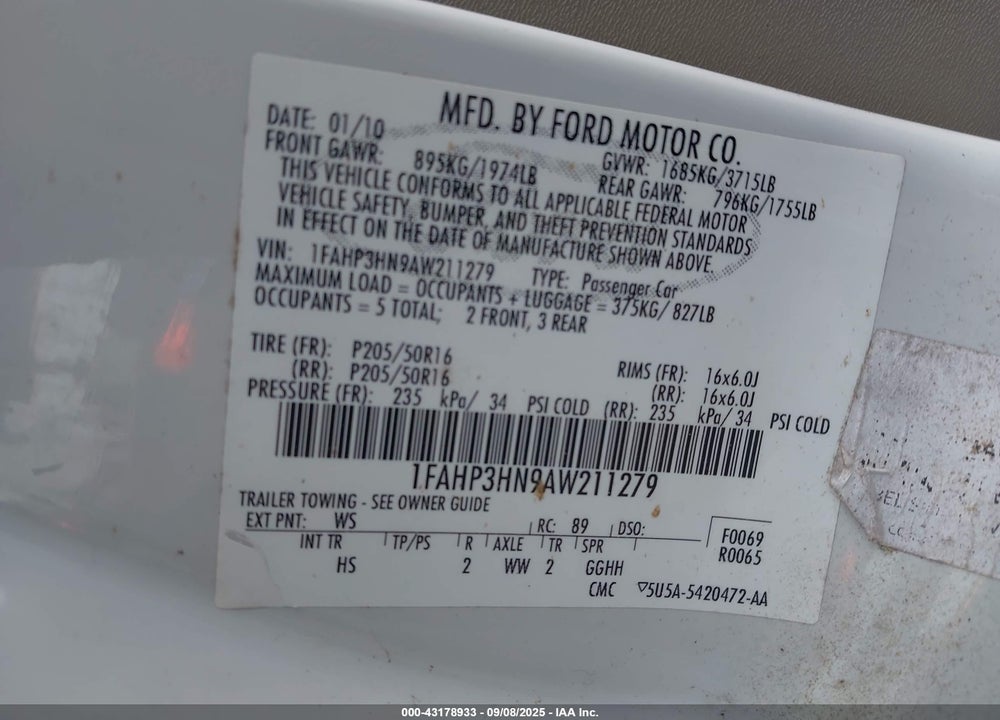 2010 FORD FOCUS VIN: 1FAHP3HN9AW211279