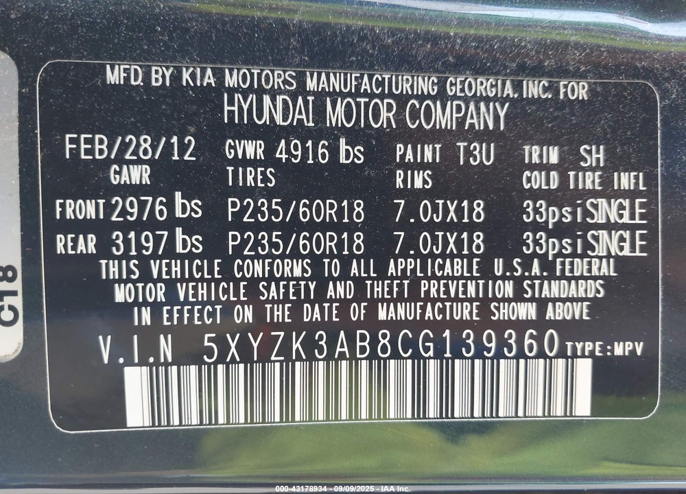 2012 HYUNDAI SANTA FE LIMITED VIN: 5XYZK3AB8CG139360