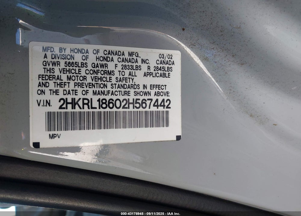 2002 HONDA ODYSSEY EX VIN: 2HKRL18602H567442