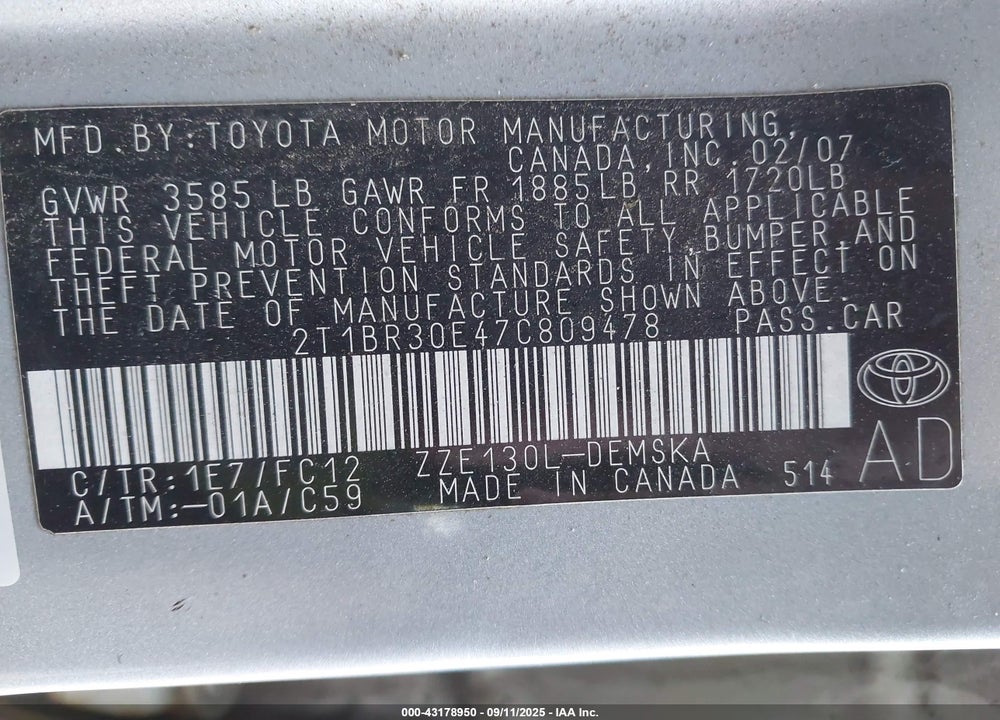 2007 TOYOTA COROLLA VIN: 2T1BR30E47C809478