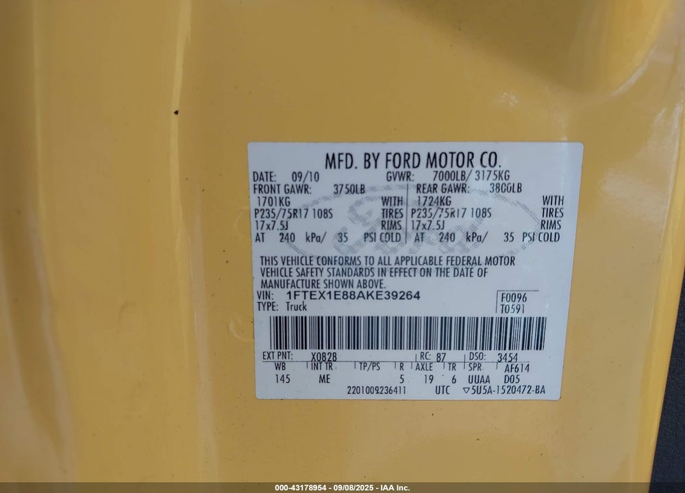 2010 FORD F-150 VIN: 1FTEX1E88AKE39264
