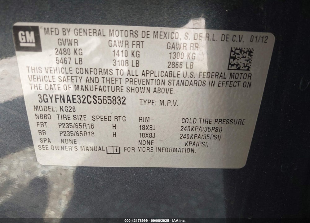 2012 CADILLAC SRX VIN: 3GYFNAE32CS565832
