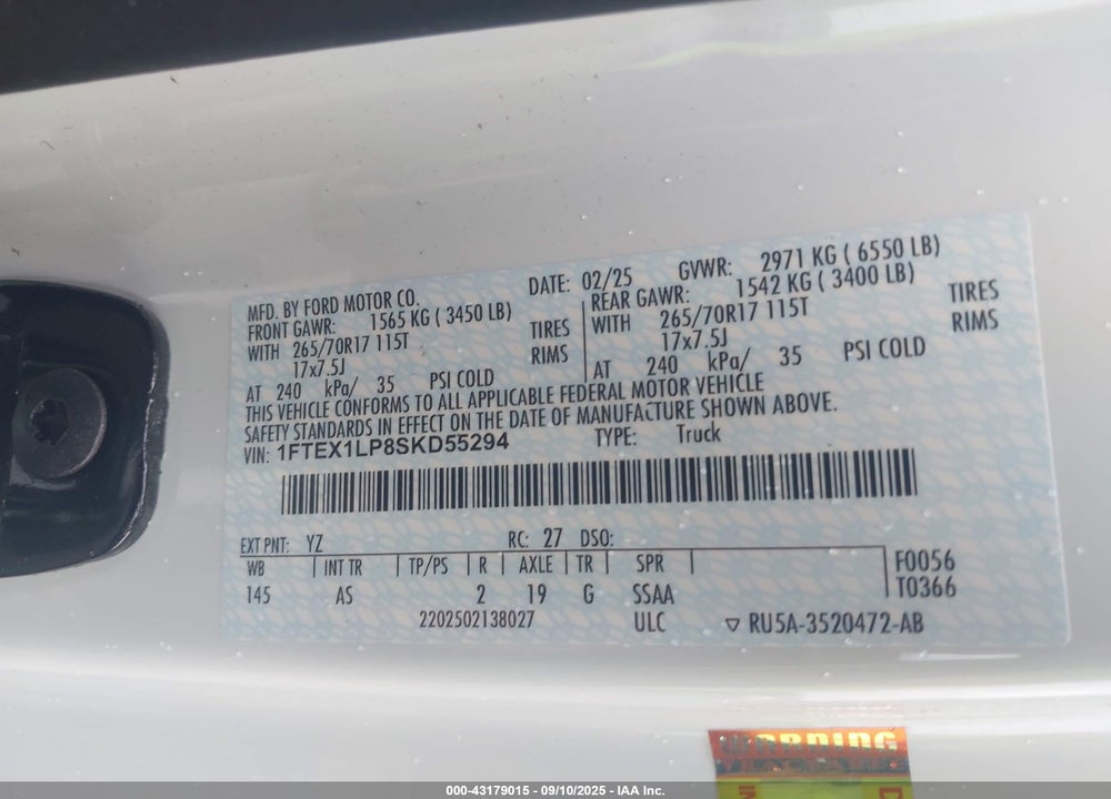 2025 FORD F-150 VIN: 1FTEX1LP8SKD55294