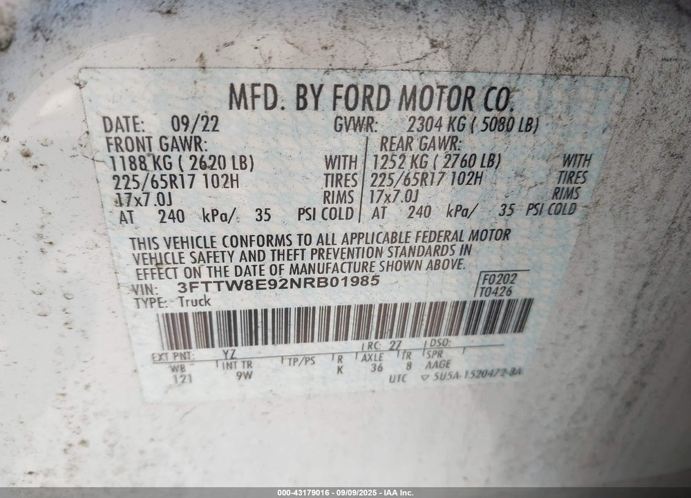 2022 FORD MAVERICK VIN: 3FTTW8E92NRB01985