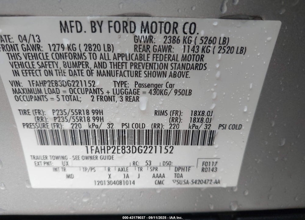 2013 FORD TAURUS VIN: 1FAHP2E83DG221152