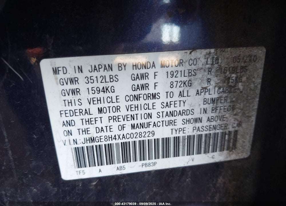 2010 HONDA FIT VIN: JHMGE8H4XAC028229