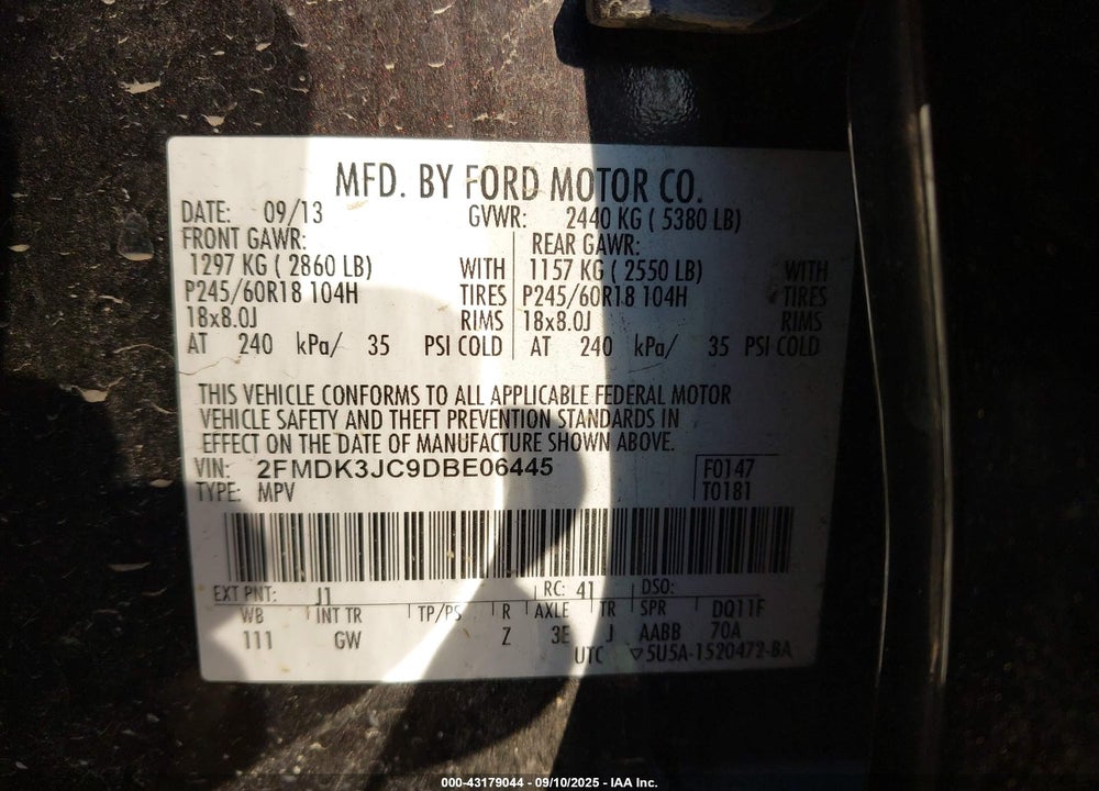 2013 FORD EDGE VIN: 2FMDK3JC9DBE06445