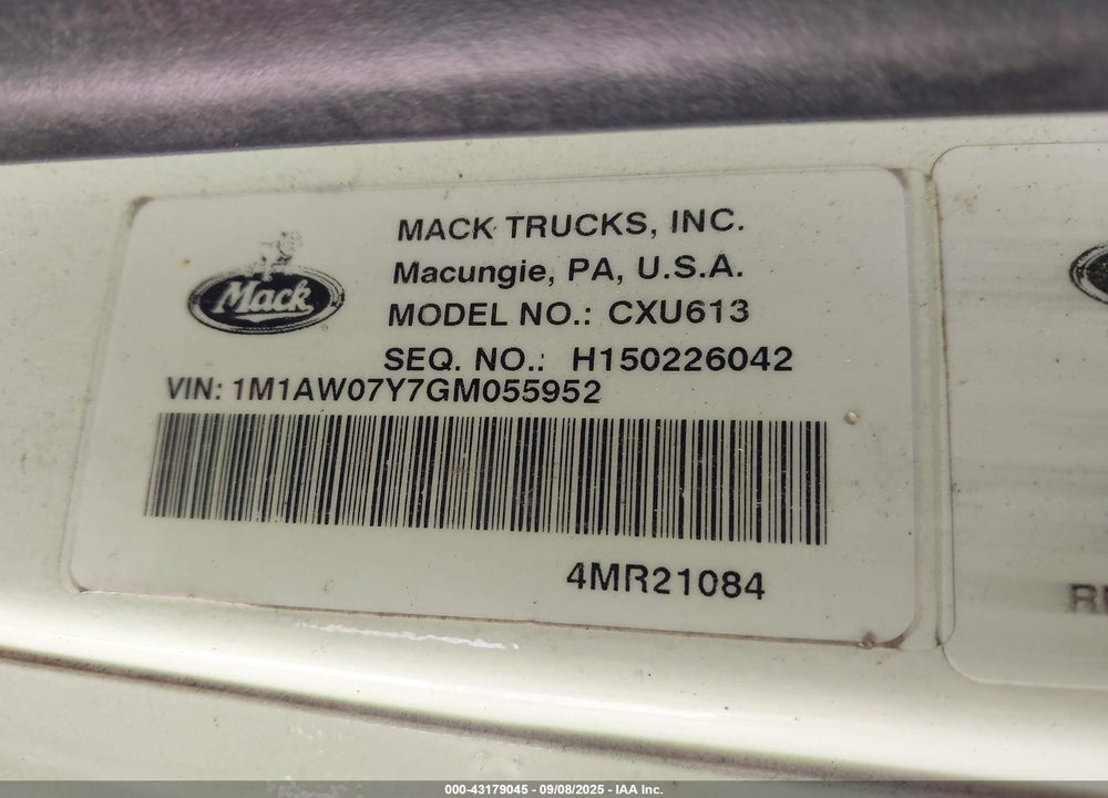 2016 MACK 600 CXU600 VIN: 1M1AW07Y7GM055952