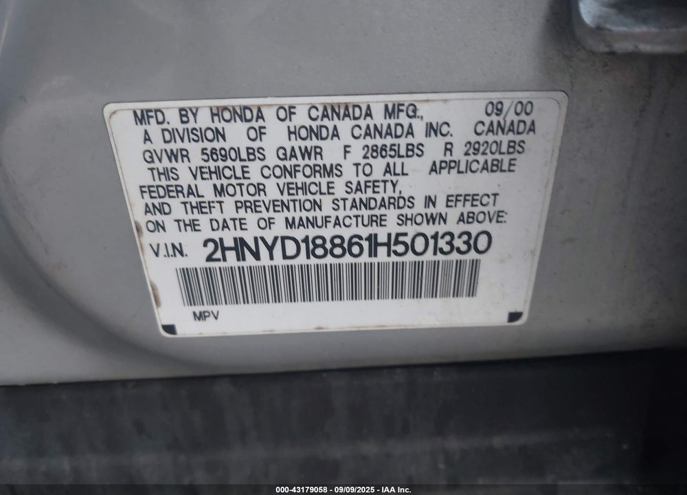 2001 ACURA MDX VIN: 2HNYD18861H501330