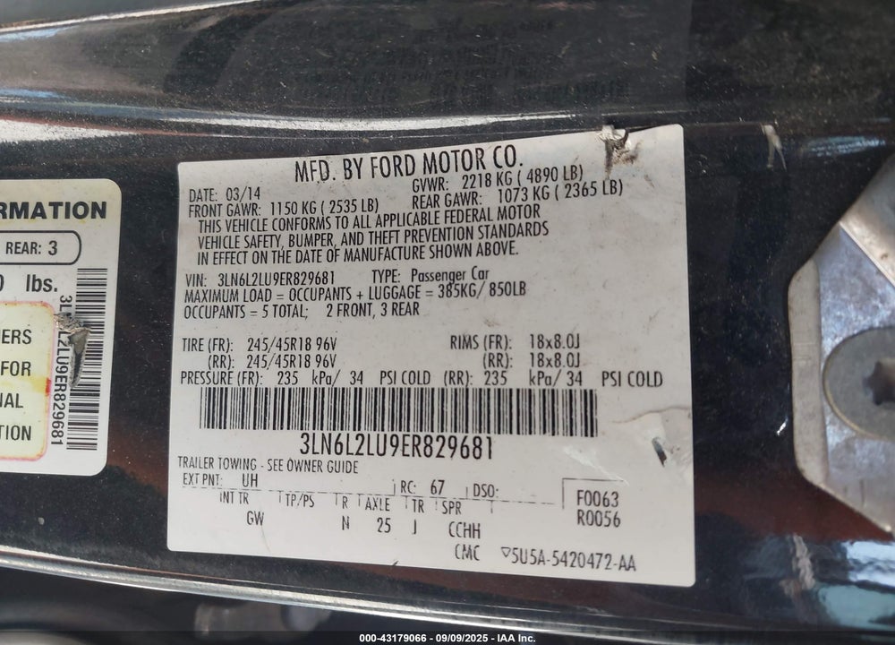 2014 LINCOLN MKZ HYBRID VIN: 3LN6L2LU9ER829681