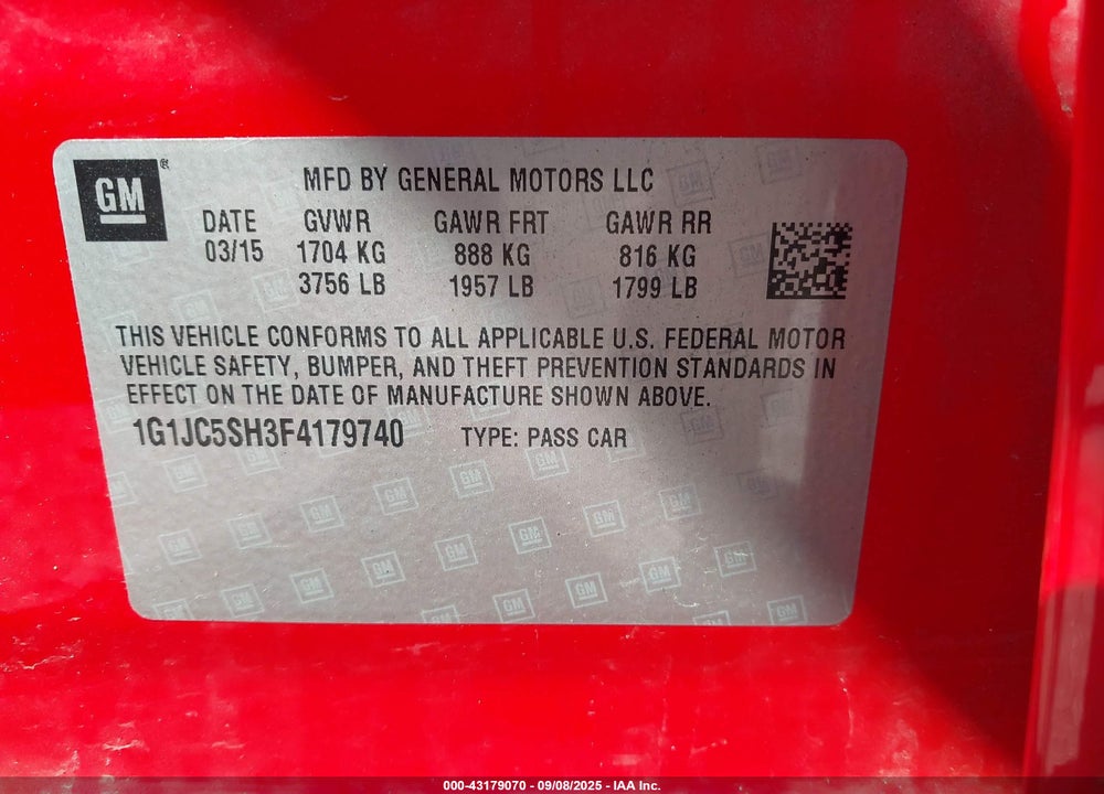 2015 CHEVROLET SONIC VIN: 1G1JC5SH3F4179740