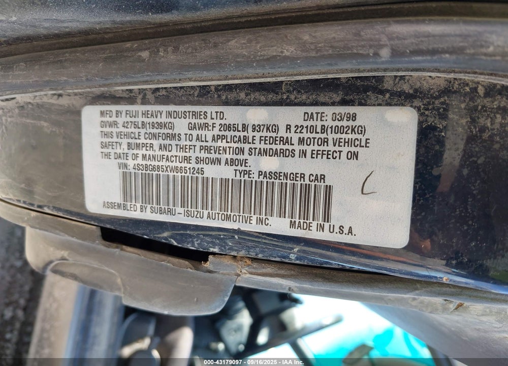 1998 SUBARU LEGACY OUTBACK/OUTBACK LIMITED/OUTBACK SPORT VIN: 4S3BG685XW6651245