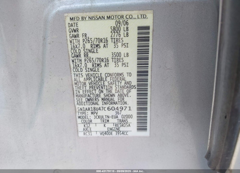 2007 NISSAN PATHFINDER VIN: 5N1AR18U47C604971