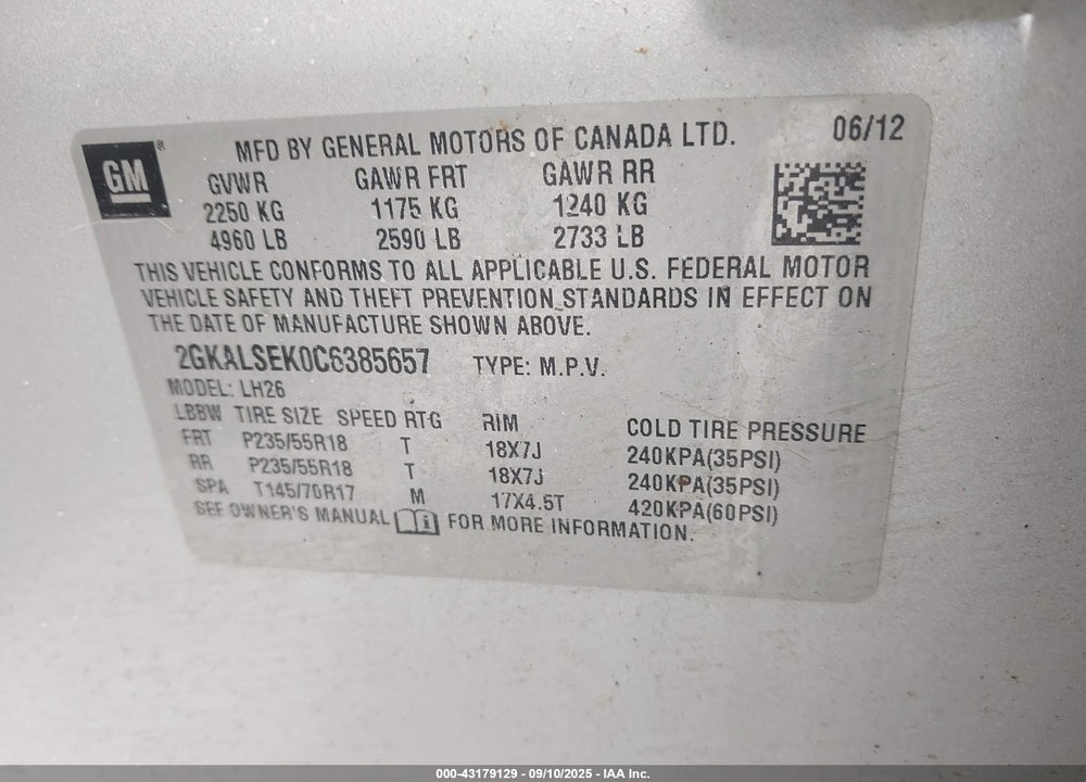 2012 GMC TERRAIN VIN: 2GKALSEK0C6385657