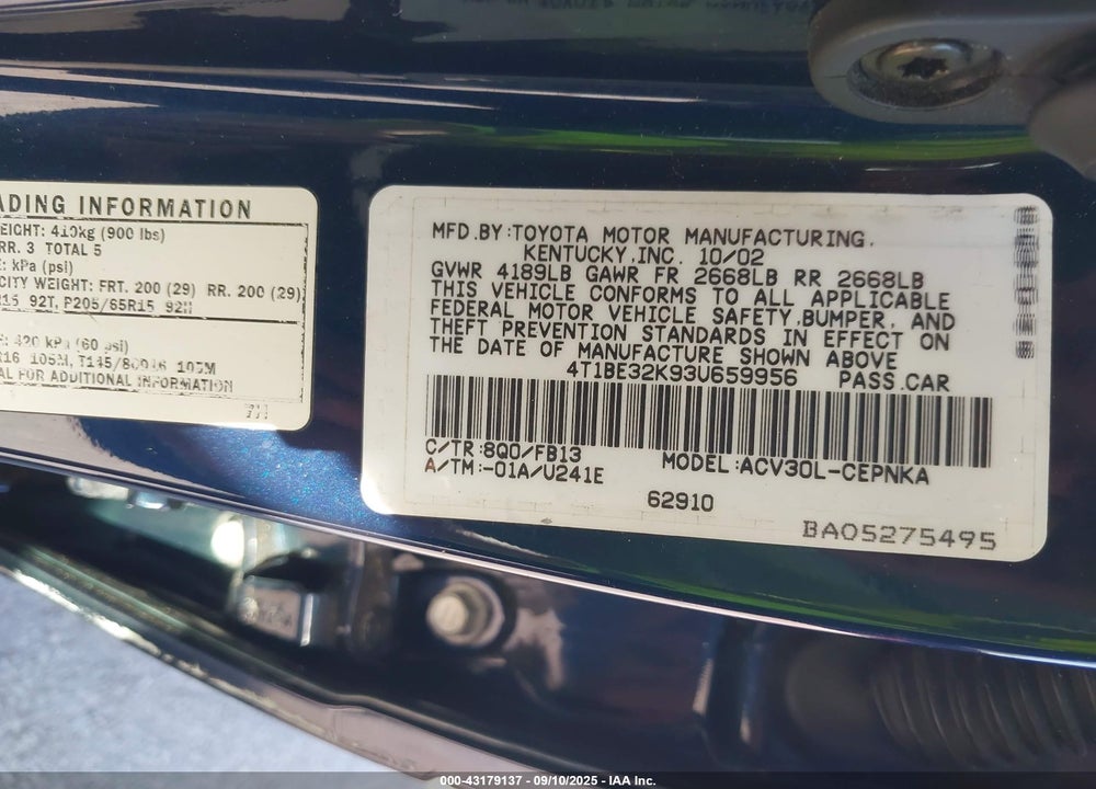 2003 TOYOTA CAMRY VIN: 4T1BE32K93U659956