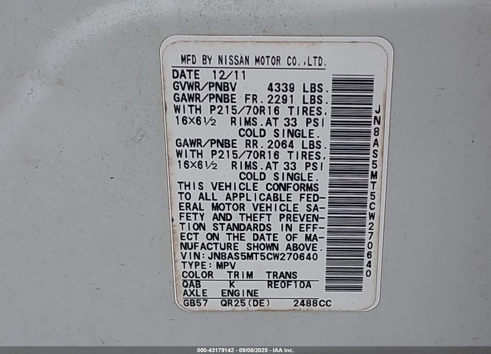 2012 NISSAN ROGUE VIN: JN8AS5MT5CW270640