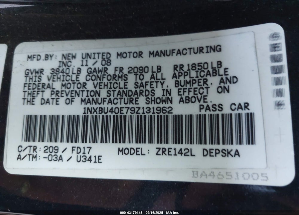 2009 TOYOTA COROLLA VIN: 1NXBU40E79Z131962