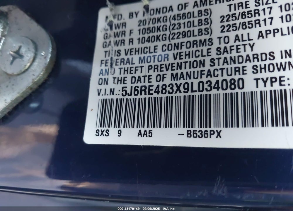 2009 HONDA CR-V VIN: 5J6RE483X9L034080