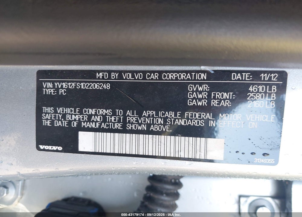 2013 VOLVO S60 T5 VIN: YV1612FS1D2206248