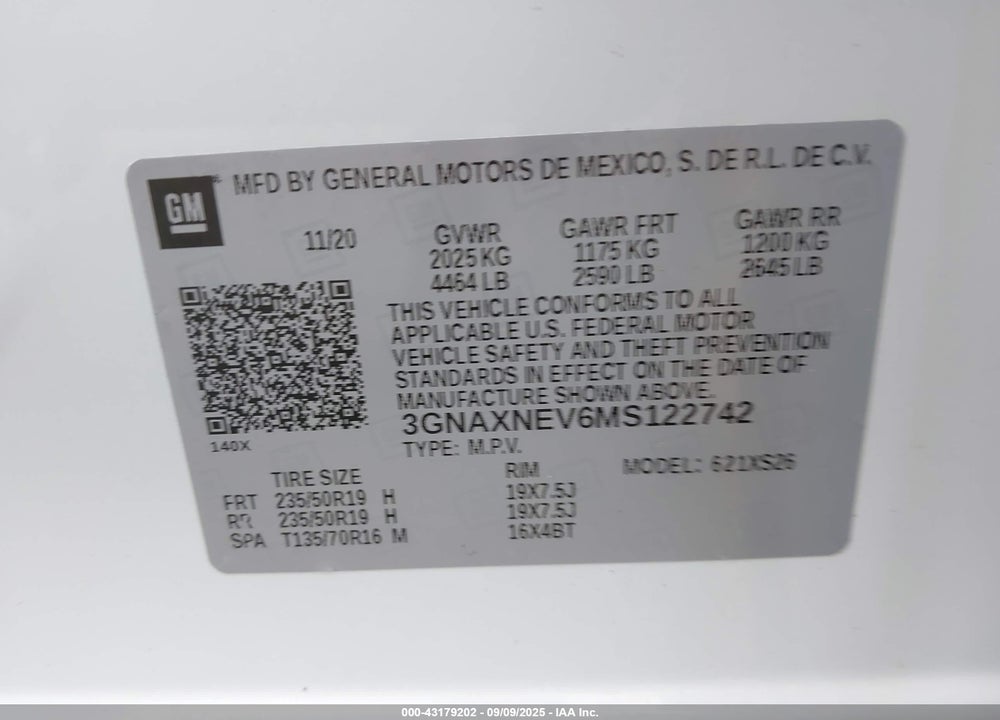 2021 CHEVROLET EQUINOX VIN: 3GNAXNEV6MS122742