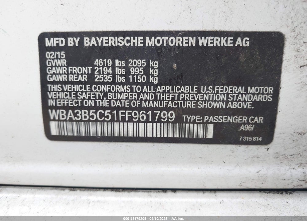 2015 BMW 3 SERIES VIN: WBA3B5C51FF961799