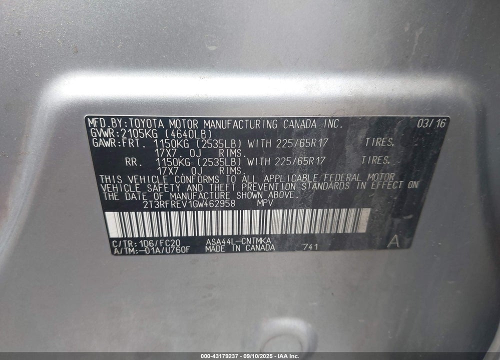 2016 TOYOTA RAV4 VIN: 2T3RFREV1GW462958