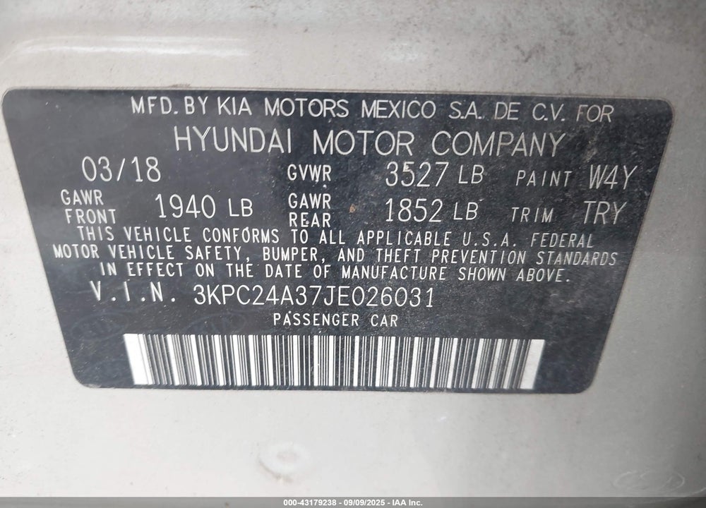2018 HYUNDAI ACCENT SE VIN: 3KPC24A37JE026031