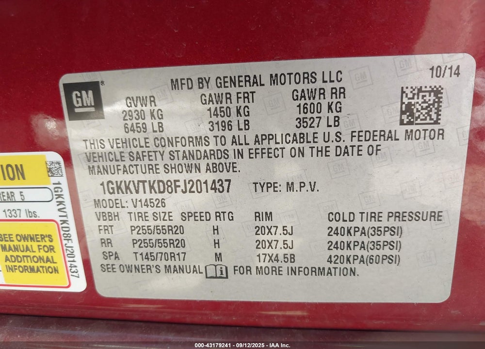 2015 GMC ACADIA VIN: 1GKKVTKD8FJ201437