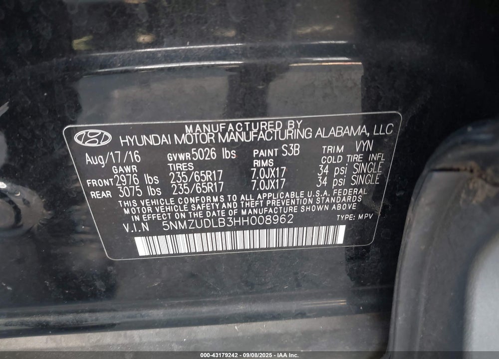 2017 HYUNDAI SANTA FE SPORT 2.4L VIN: 5NMZUDLB3HH008962