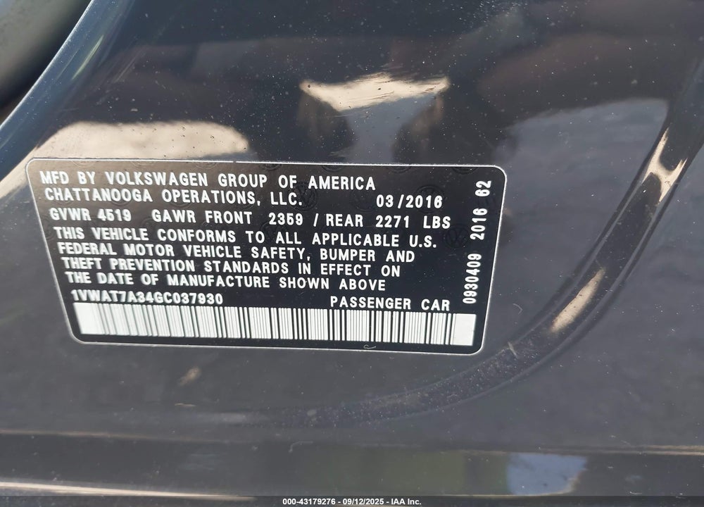 2016 VOLKSWAGEN PASSAT VIN: 1VWAT7A34GC037930