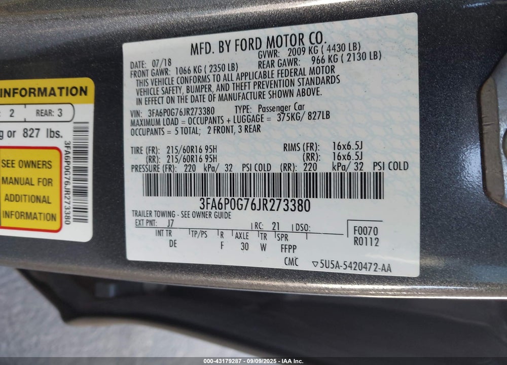 2018 FORD FUSION VIN: 3FA6P0G76JR273380