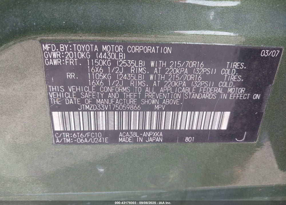 2007 TOYOTA RAV4 VIN: JTMZD33V175059866