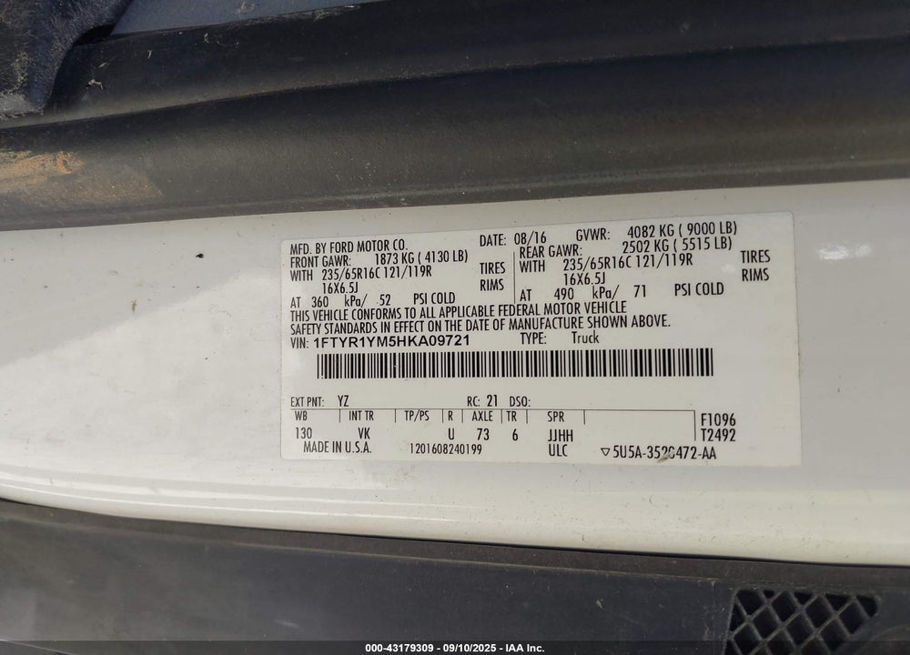 2017 FORD TRANSIT-250 VIN: 1FTYR1YM5HKA09721