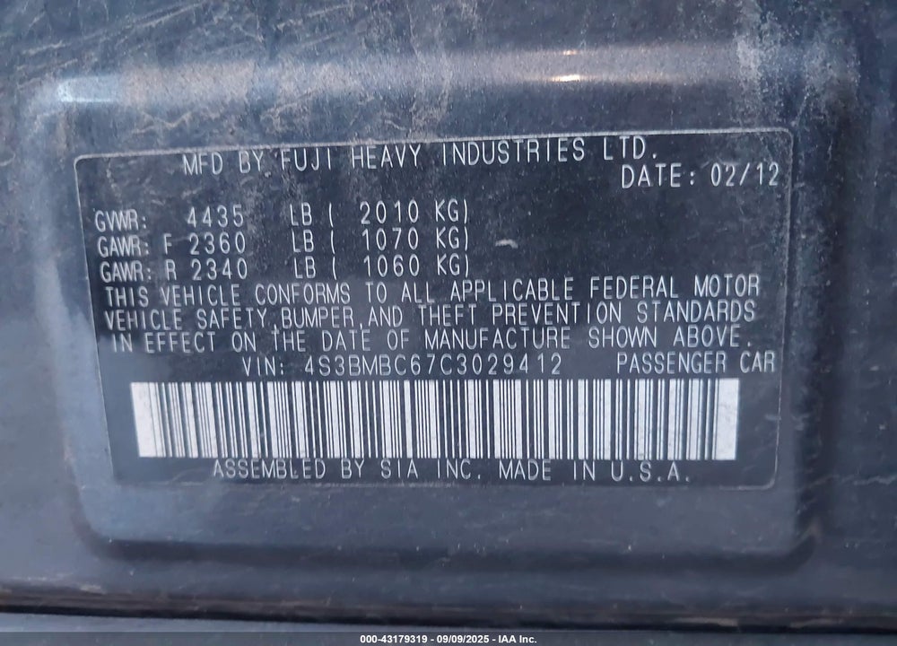 2012 SUBARU LEGACY 2.5I PREMIUM VIN: 4S3BMBC67C3029412