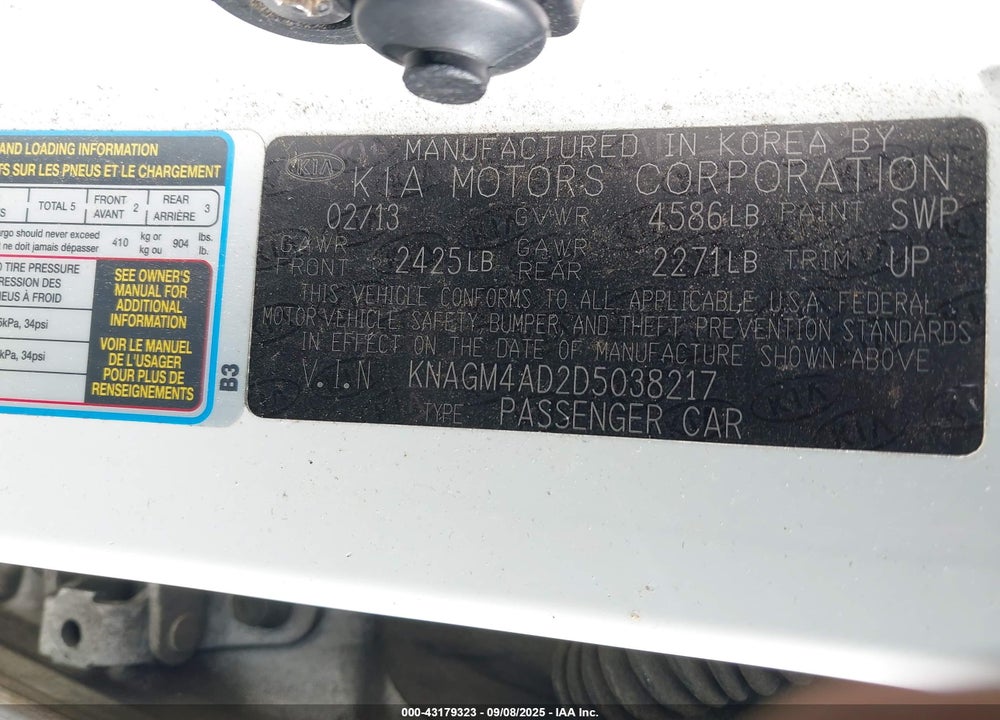 2013 KIA OPTIMA HYBRID VIN: KNAGM4AD2D5038217