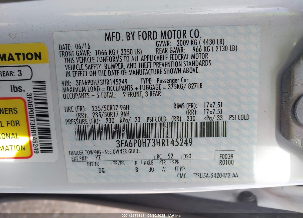2017 FORD FUSION SE VIN: 3FA6P0H73HR145249