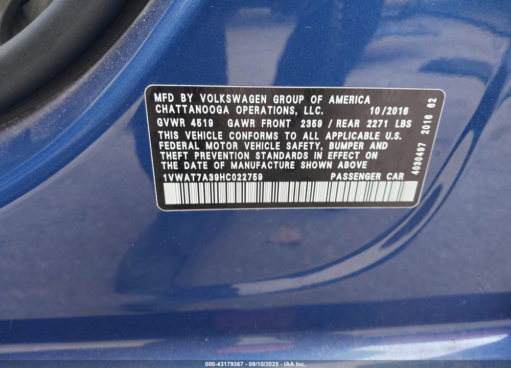 2017 VOLKSWAGEN PASSAT VIN: 1VWAT7A39HC022759