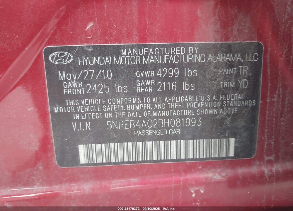 2011 HYUNDAI SONATA VIN: 5NPEB4AC2BH081993