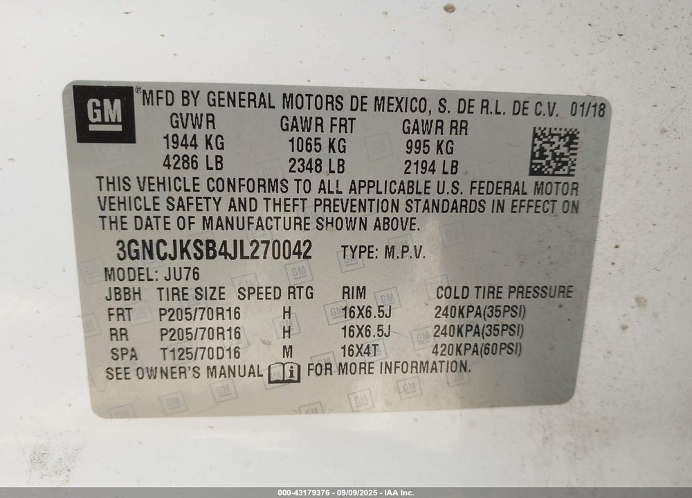 2018 CHEVROLET TRAX VIN: 3GNCJKSB4JL270042