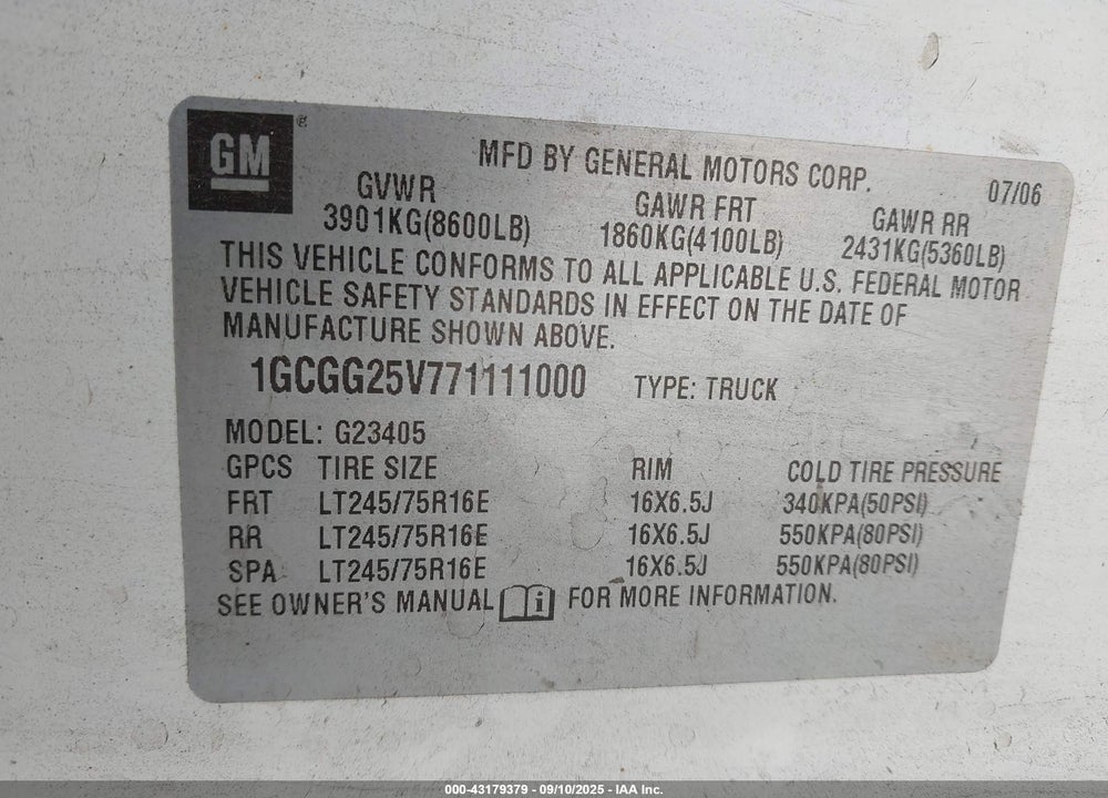 2007 CHEVROLET EXPRESS WORK VAN VIN: 1GCGG25V771111000