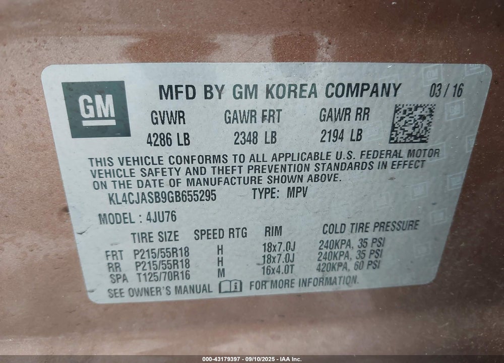 2016 BUICK ENCORE VIN: KL4CJASB9GB655295