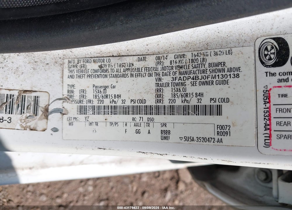 2015 FORD FIESTA VIN: 3FADP4BJ0FM130138