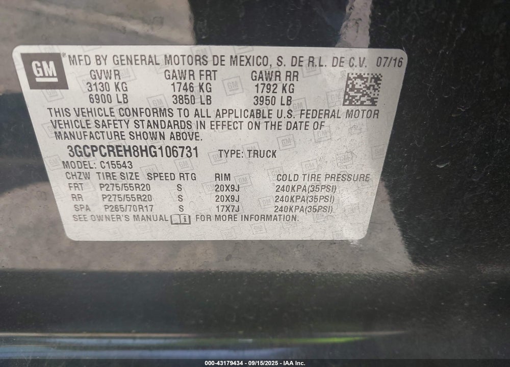 2017 CHEVROLET SILVERADO 1500 VIN: 3GCPCREH8HG106731