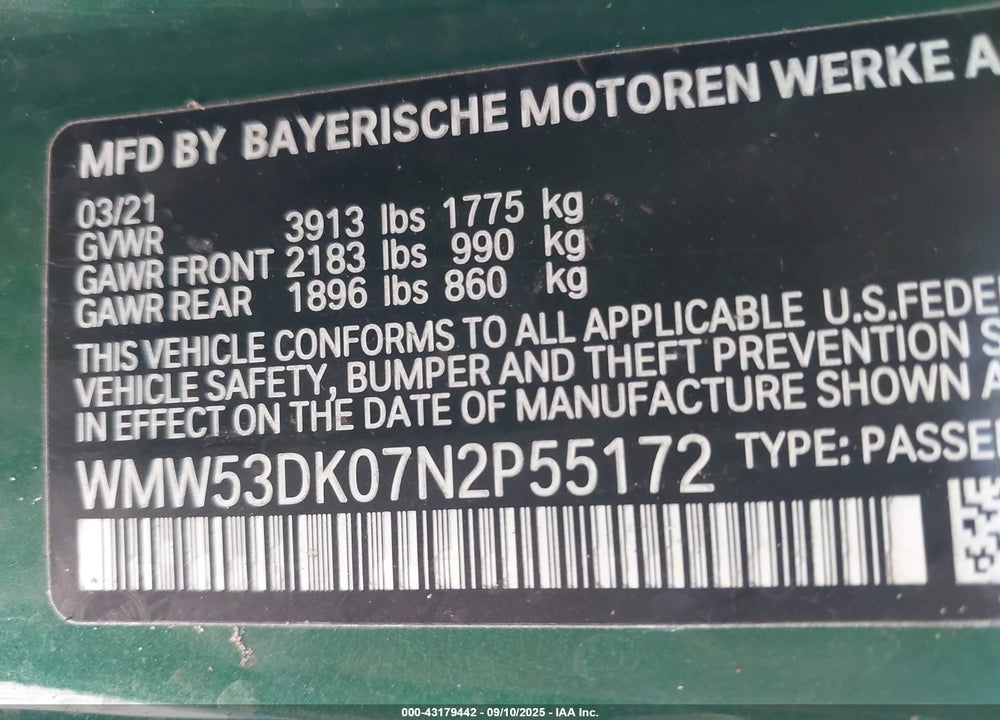 2022 MINI HARDTOP VIN: WMW53DK07N2P55172